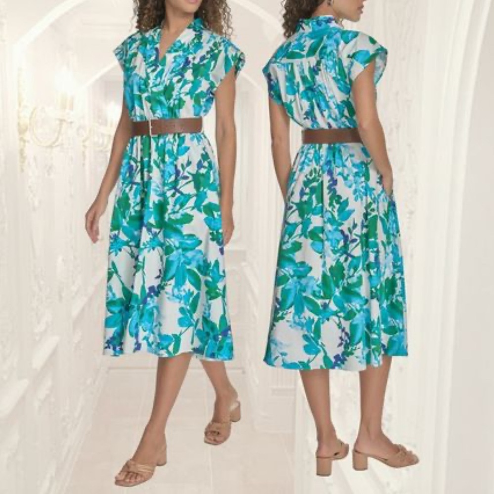 Calvin Klein Floral Print Belted Midi Dress NWT